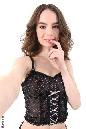 Stripper Picture of Debora A - Debora is born 22 years ago in Ukrania. Black long hair brown smily eyes a rose on upper left thigh. Debora starts to get a really great notoriety and she enchants all the photographers she has worked with including us! Apart from her modeling career she plays the drums and would like to become Director of Video Clips. She loves acting and whatever outfit she wears she's just perfect in it! Working girl pink teen sensual goddess her shows with iStripper are all fantastic!